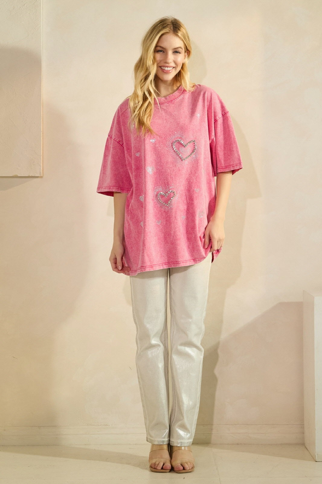 Rhinestone Heart Oversize T-shirt - Pink