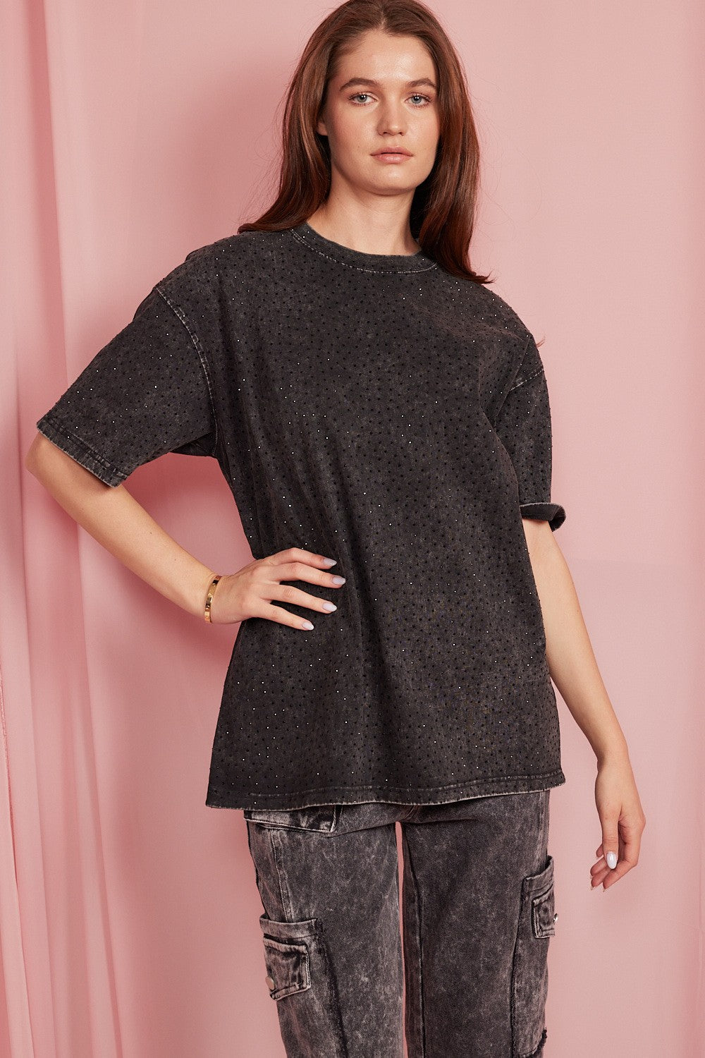 Oversize Embellished Tunic Top - Black