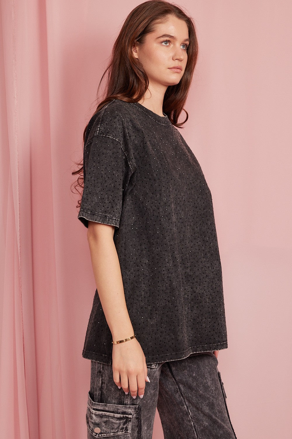 Oversize Embellished Tunic Top - Black