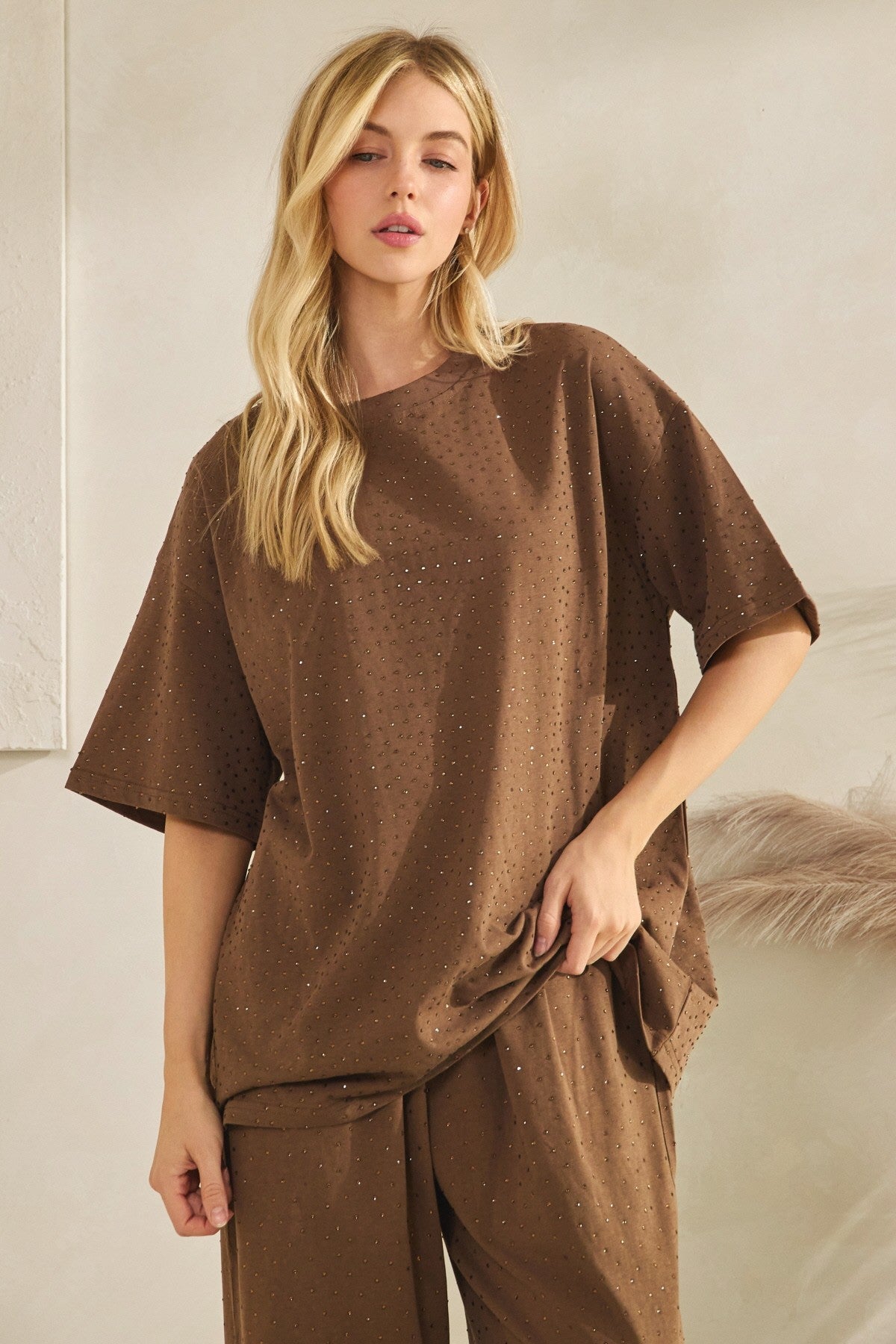 Embellished T-Shirt Set - Brown