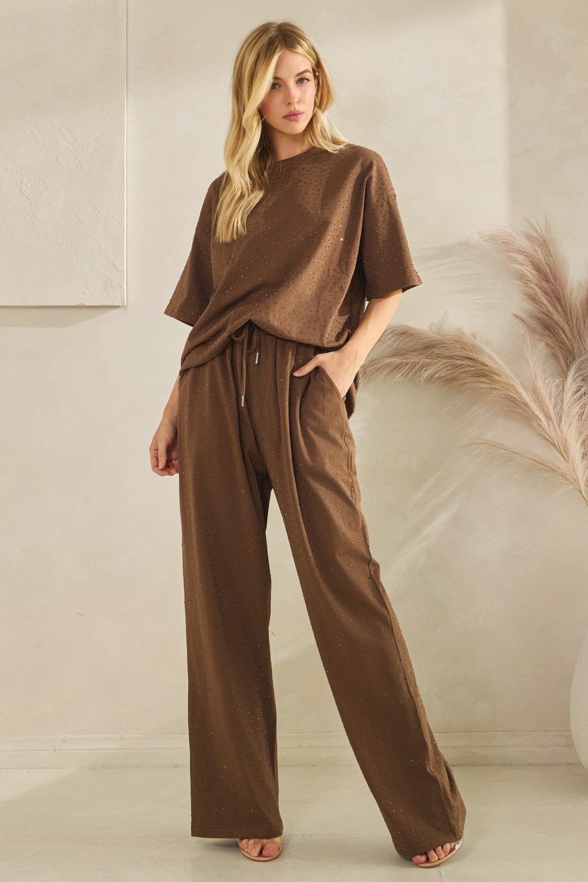 Embellished T-Shirt Set - Brown