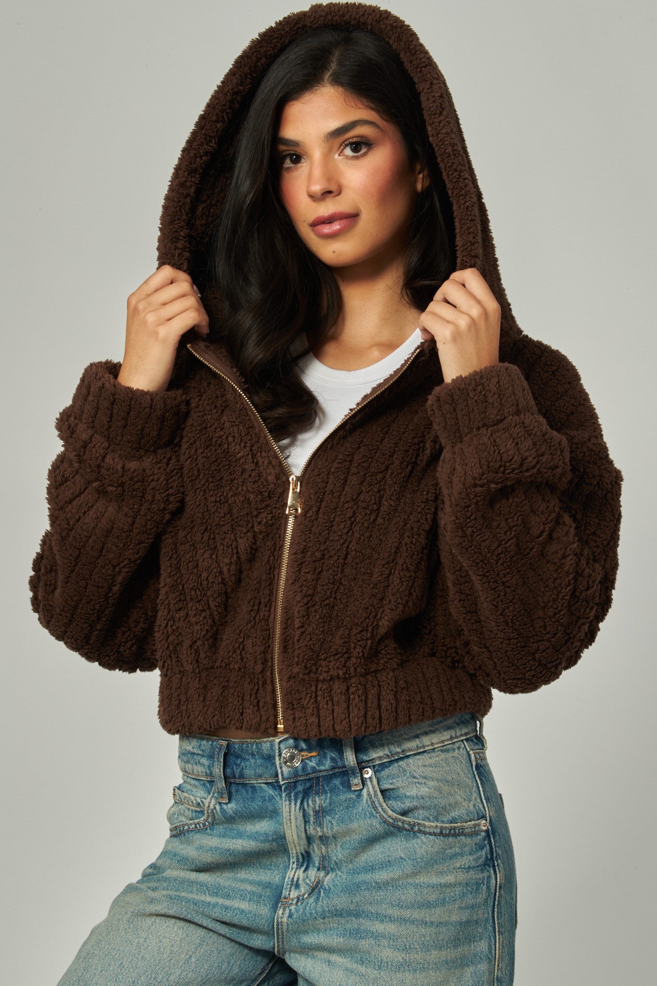 Hooded Sherpa Jacket - Brown