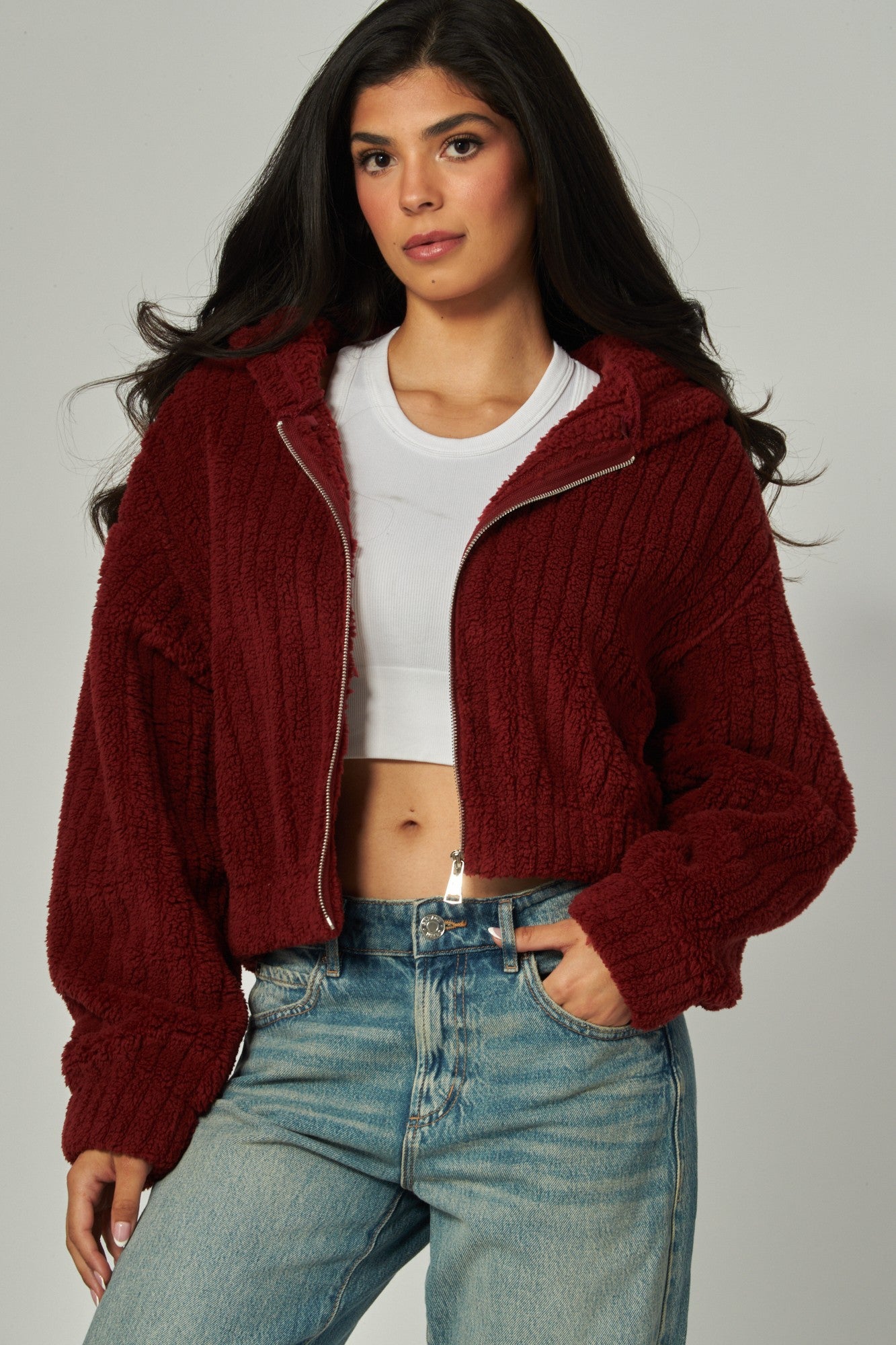 Hooded Sherpa Jacket - Burgundy