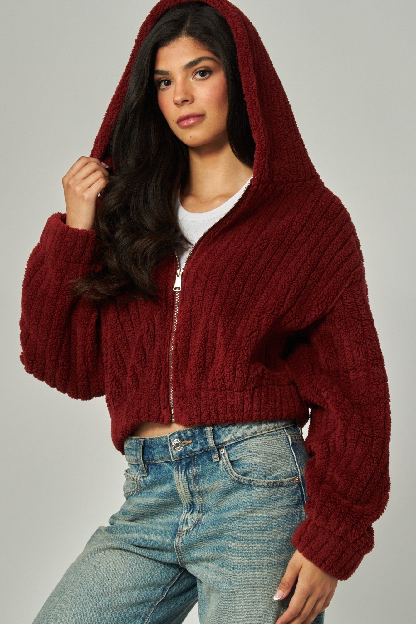Hooded Sherpa Jacket - Burgundy