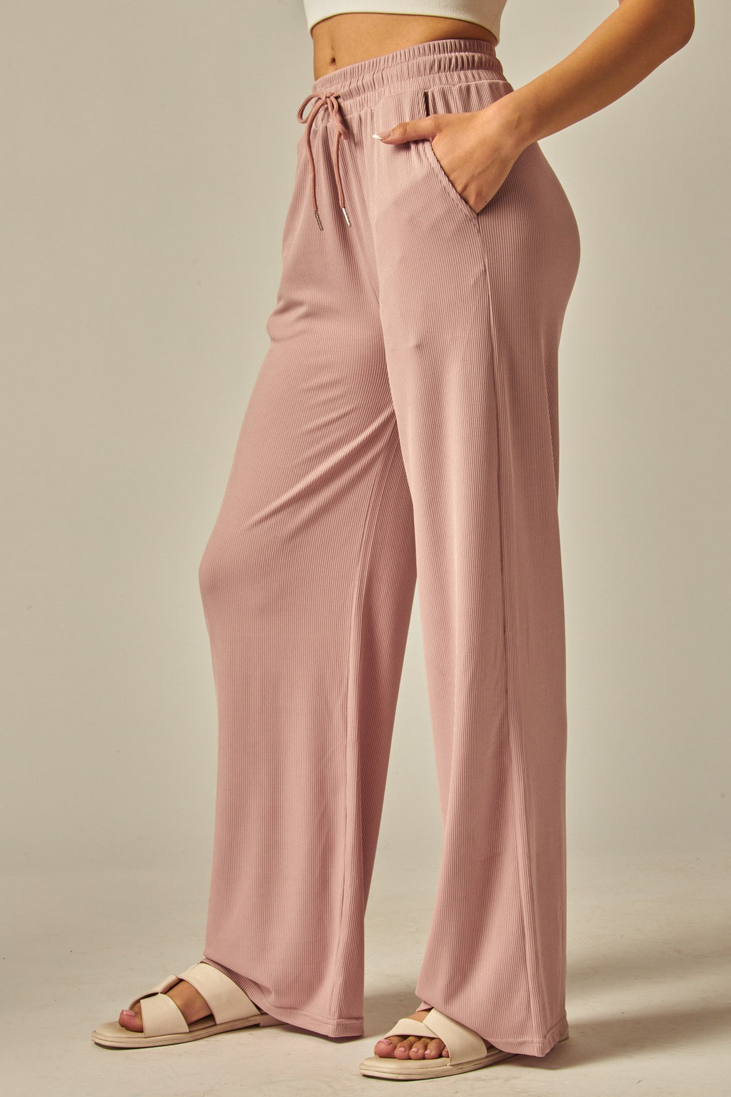 Ribbed Wide Leg Pants - Pink