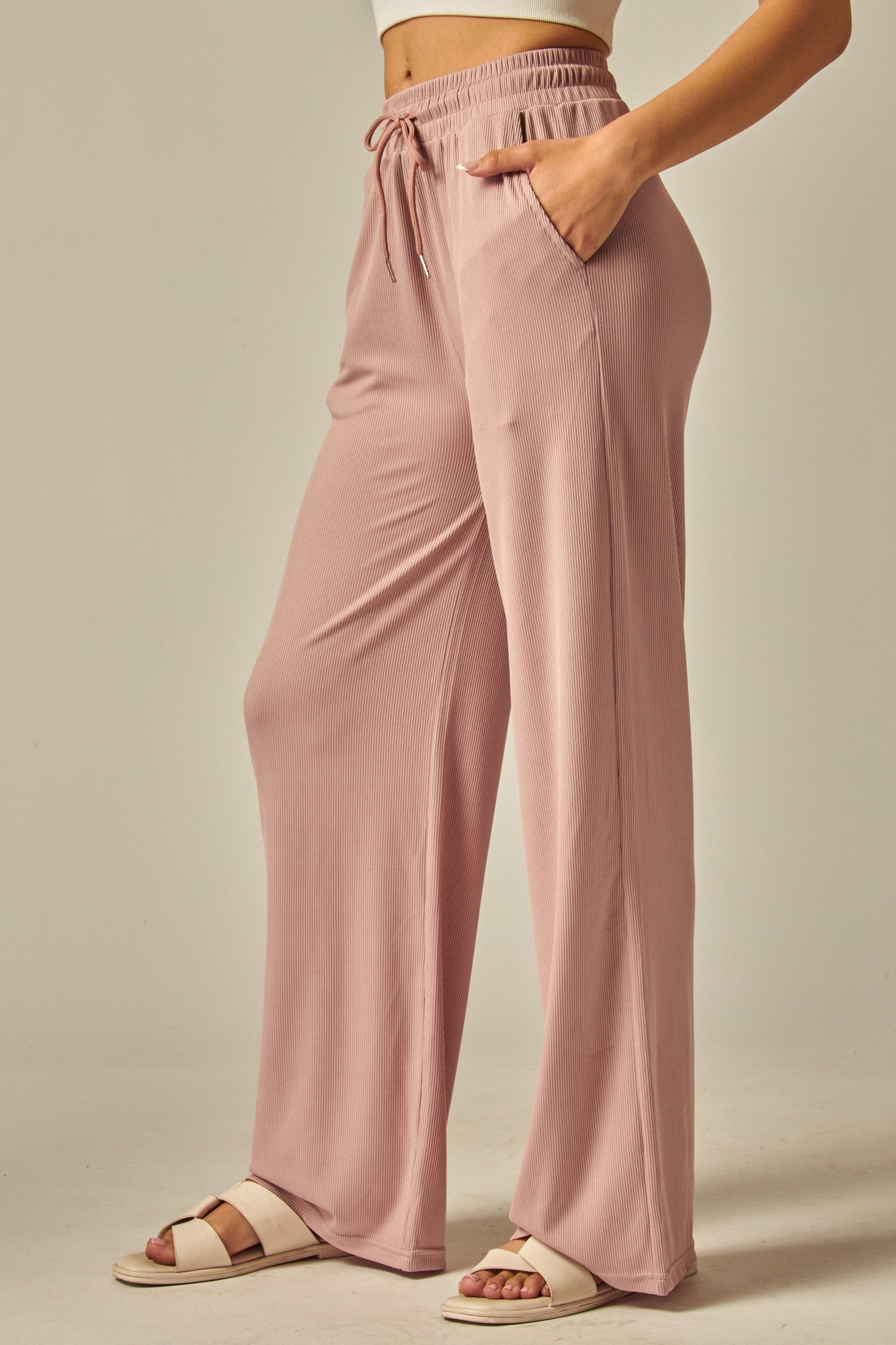 Ribbed Wide Leg Pants - Pink