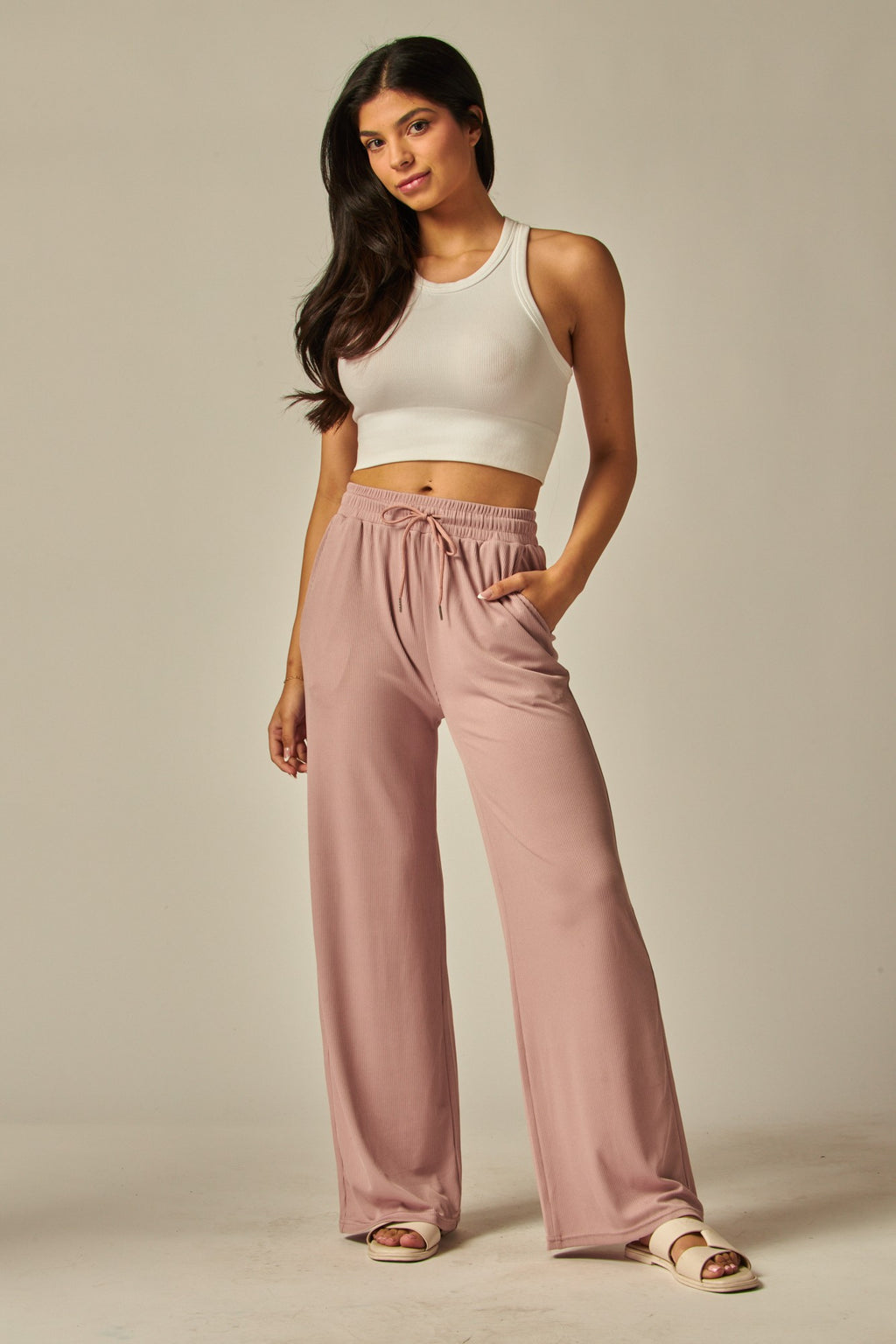 Ribbed Wide Leg Pants - Pink
