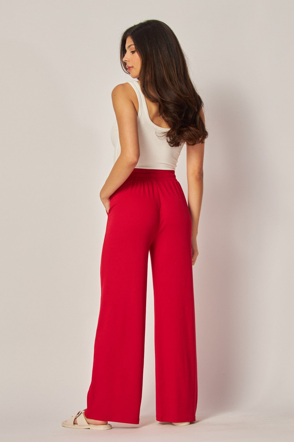 Ribbed Wide Leg Pants - Red