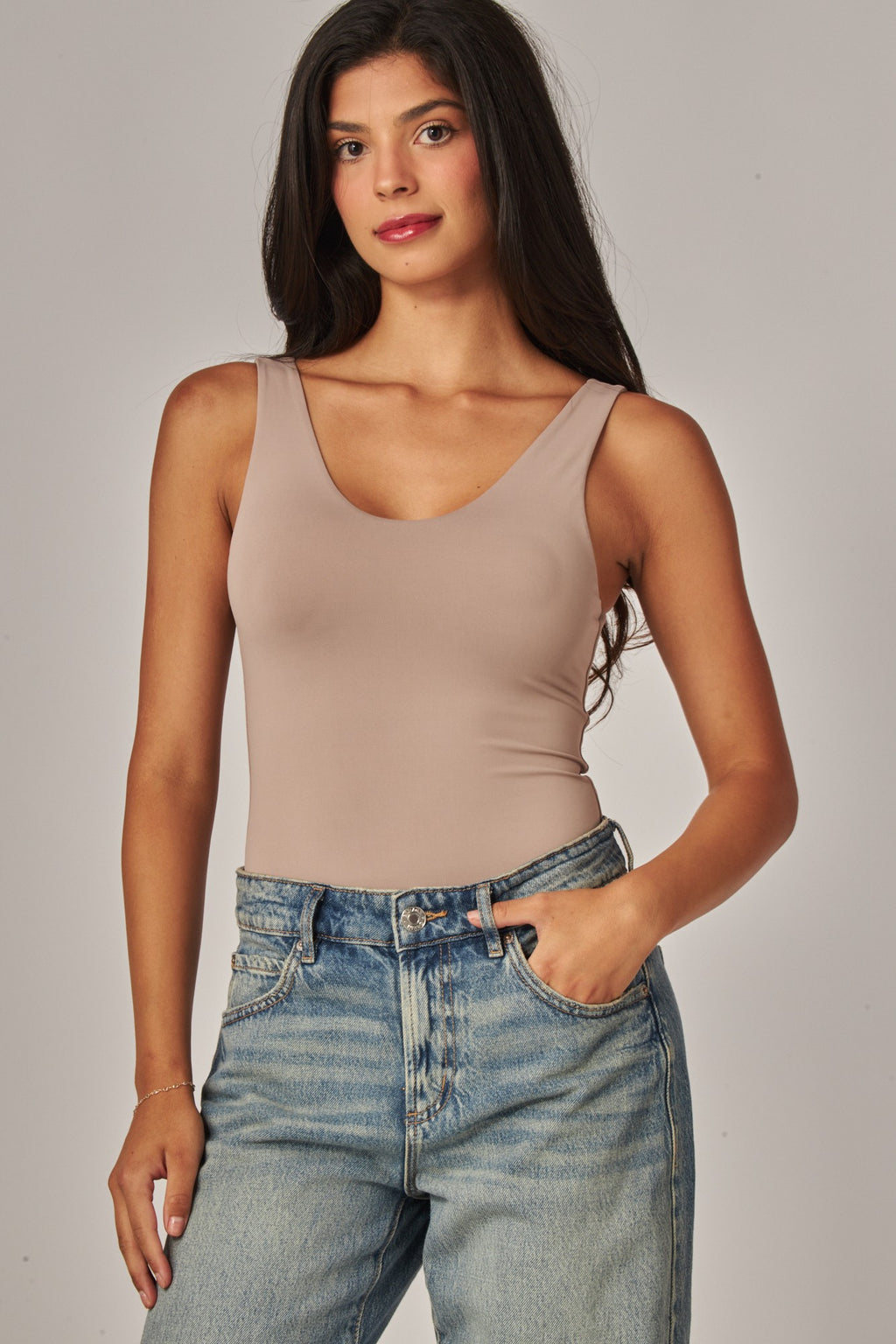 Contour Double Layered Tank Bodysuit - Taupe
