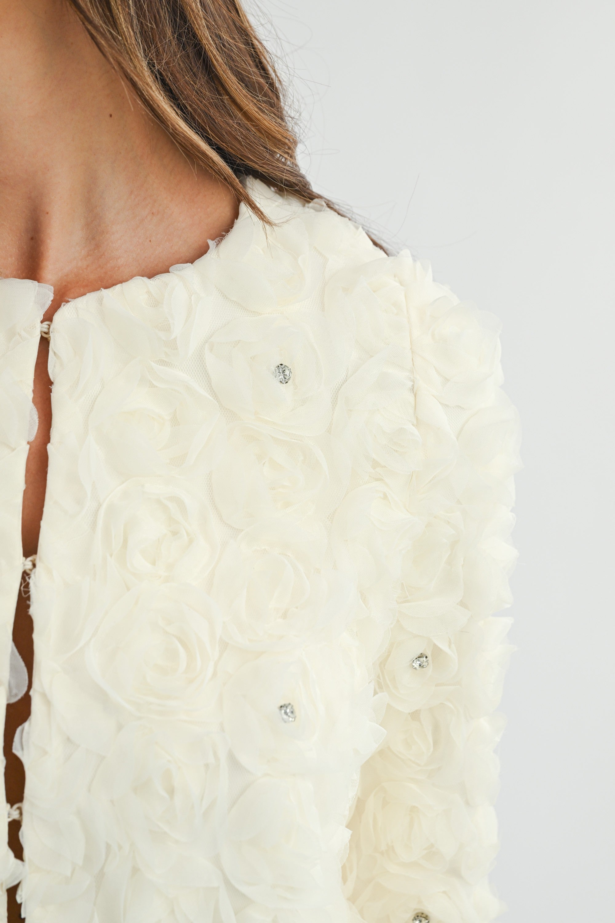 3d Floral With Rhinestone Open Crop Jacket