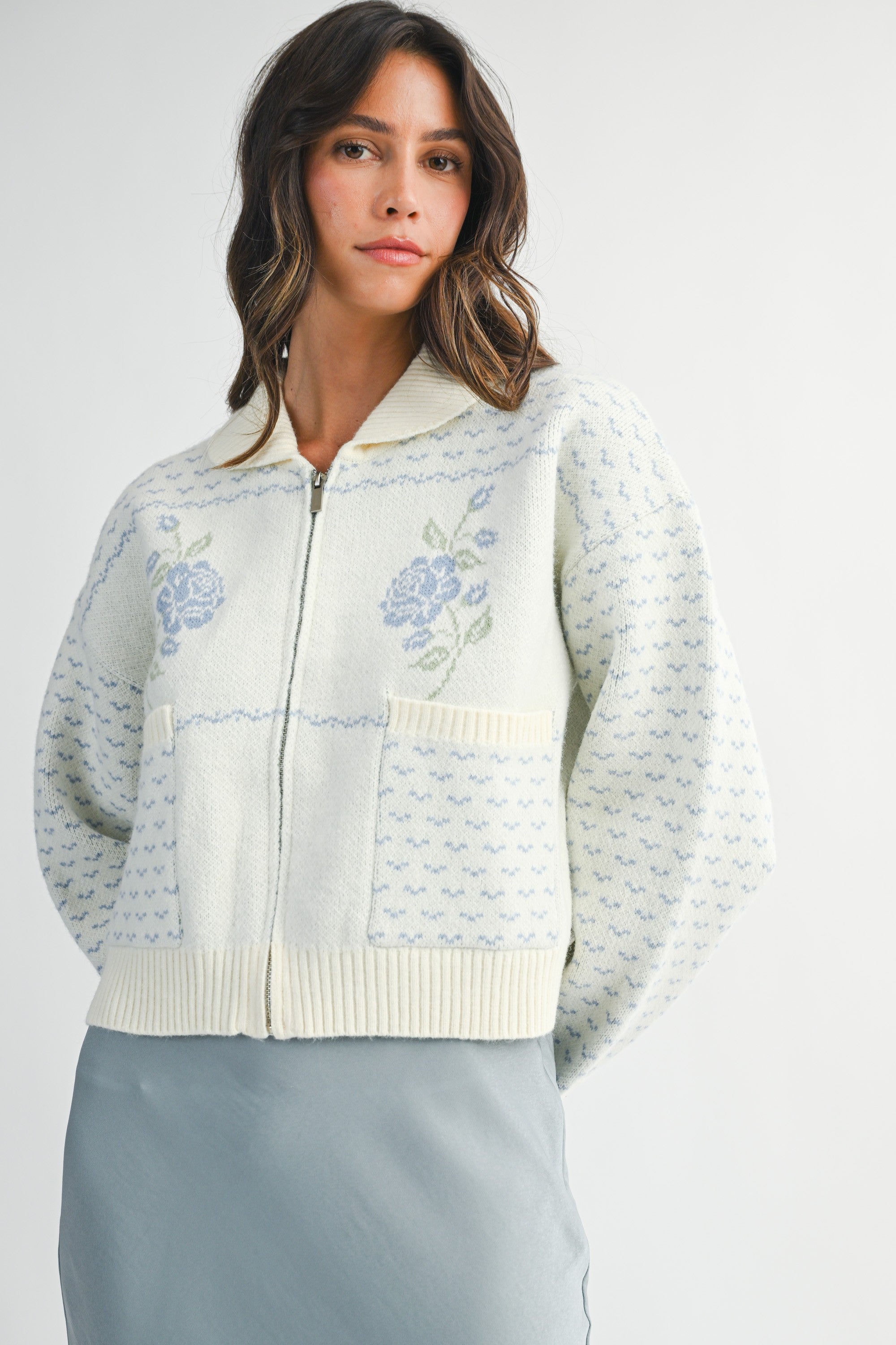 Rose Print Jacquard Knit Cardigan