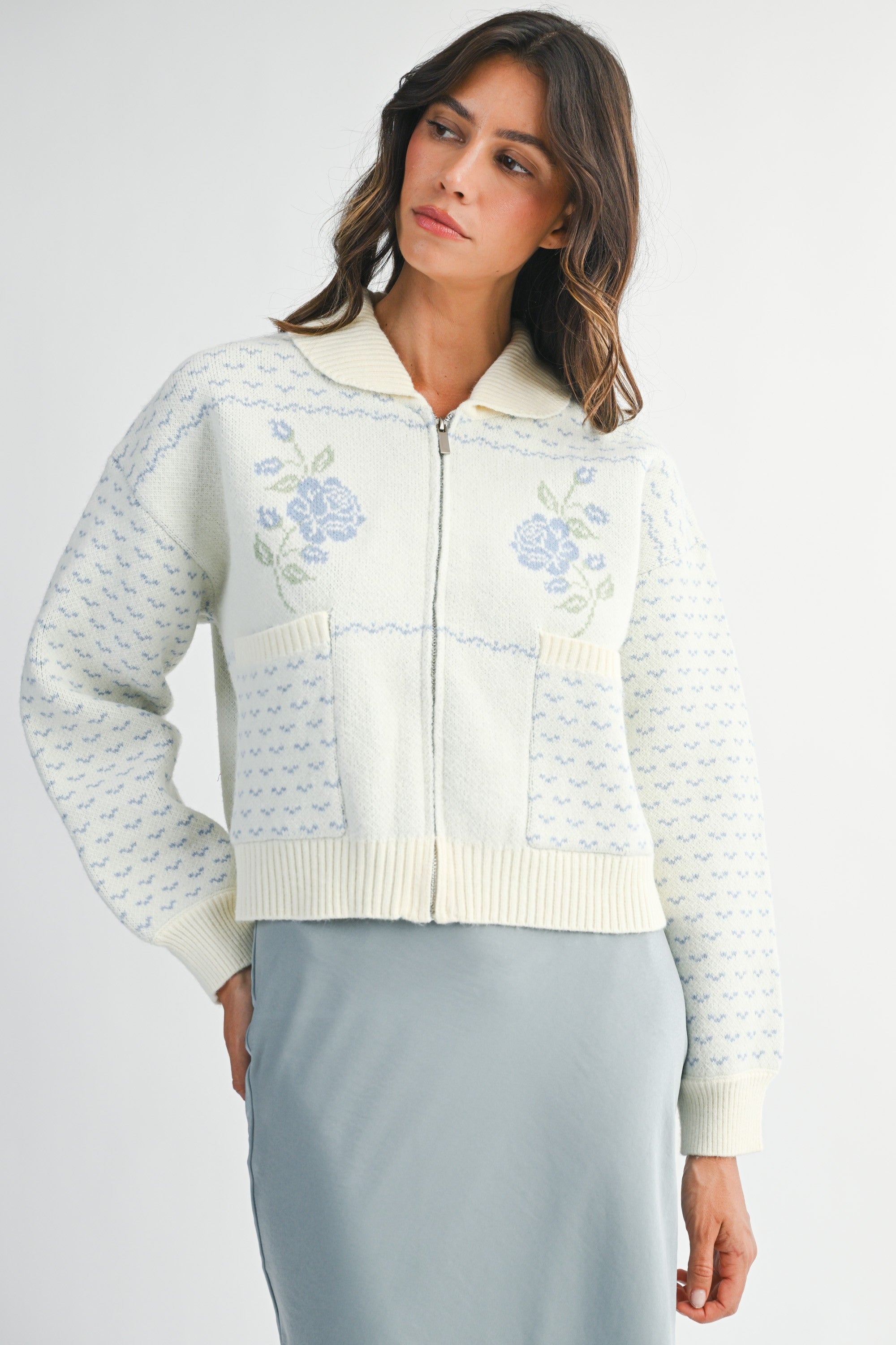 Rose Print Jacquard Knit Cardigan