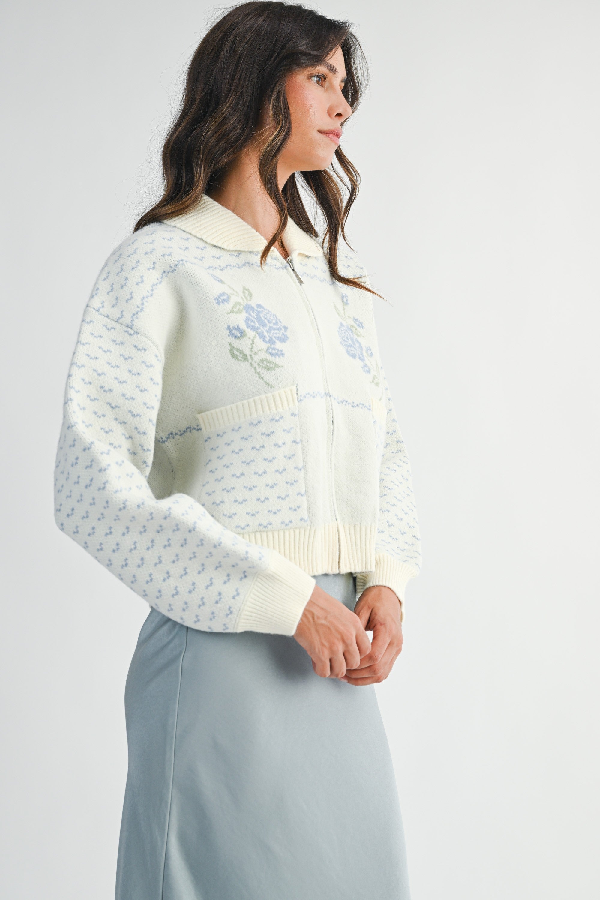 Rose Print Jacquard Knit Cardigan