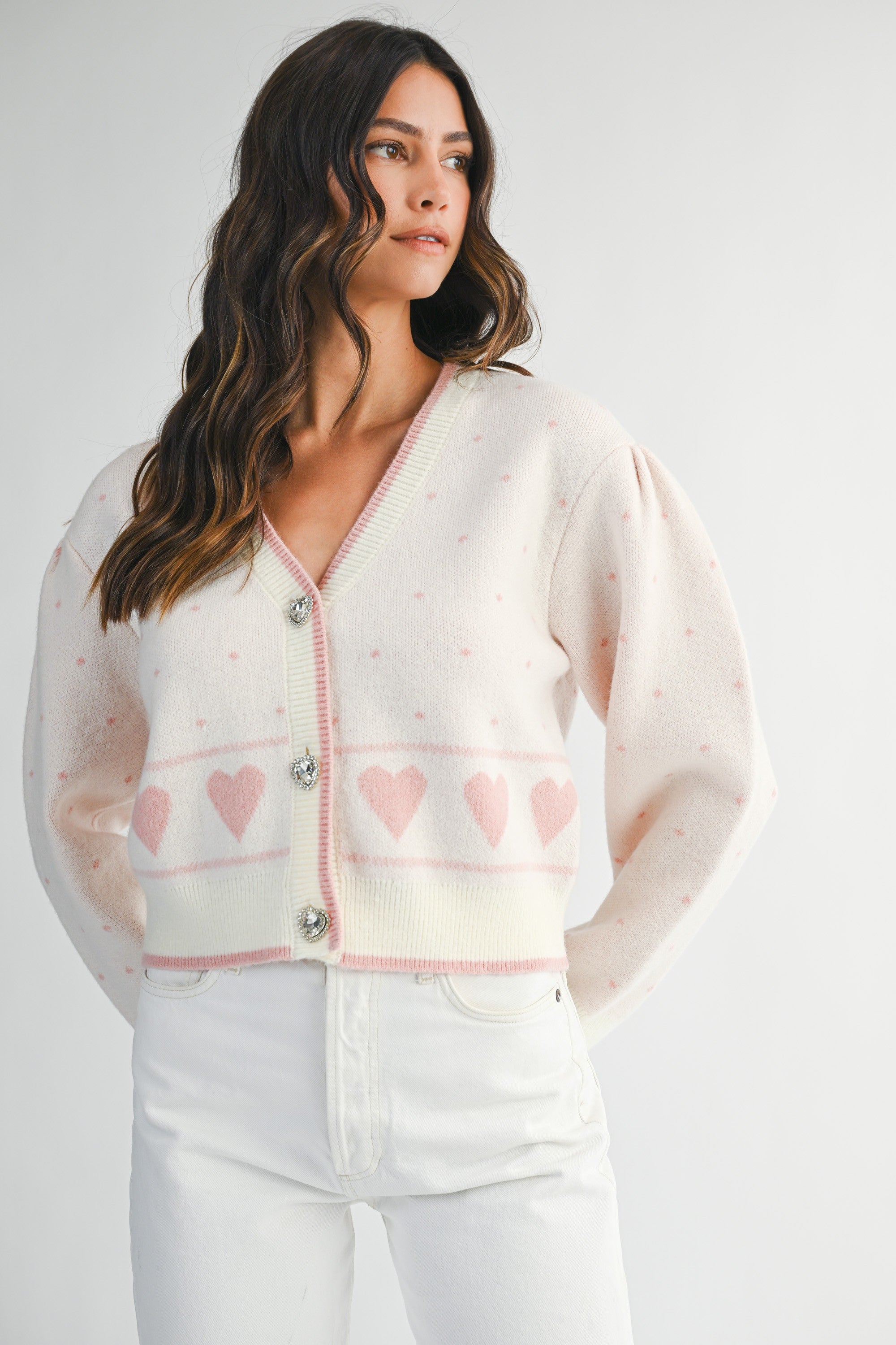 Heart Button Jewel Cardigan Pink