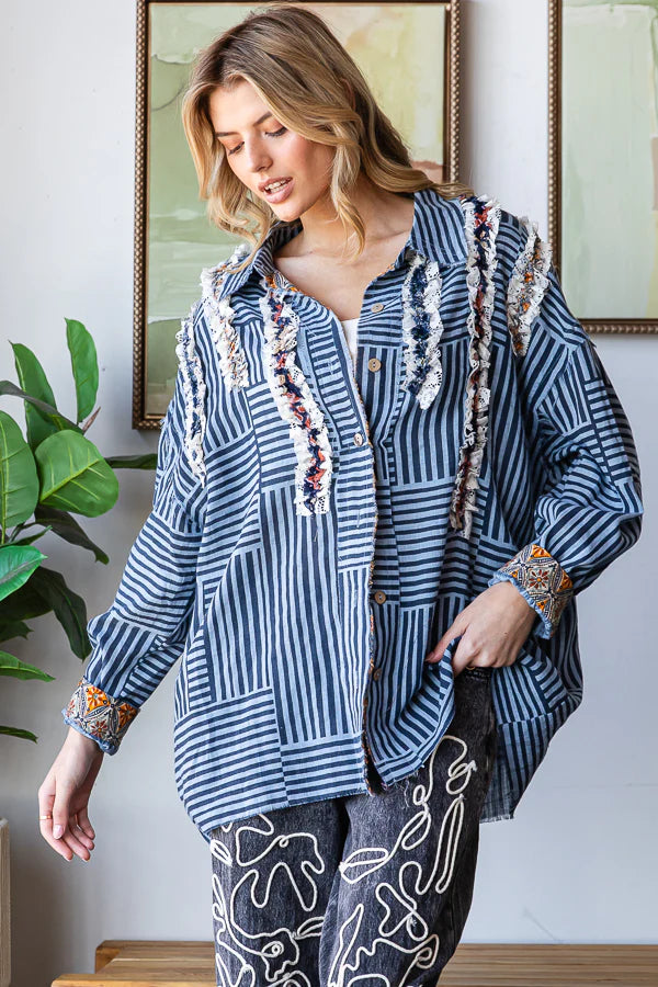 Oli & Hali Ruffle Button Up Shirt - Navy