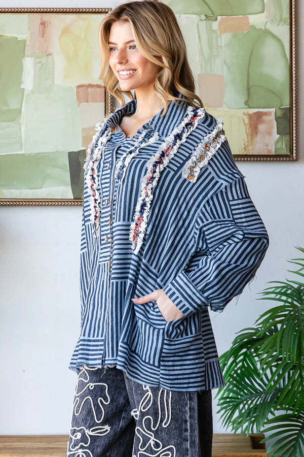 Oli & Hali Ruffle Button Up Shirt - Navy