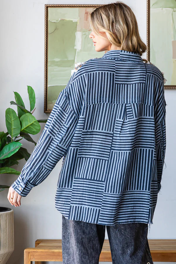 Oli & Hali Ruffle Button Up Shirt - Navy