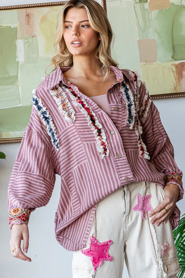 Oli & Hali Ruffle Button Up Shirt - Berry