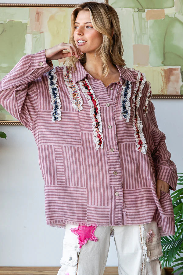 Oli & Hali Ruffle Button Up Shirt - Berry