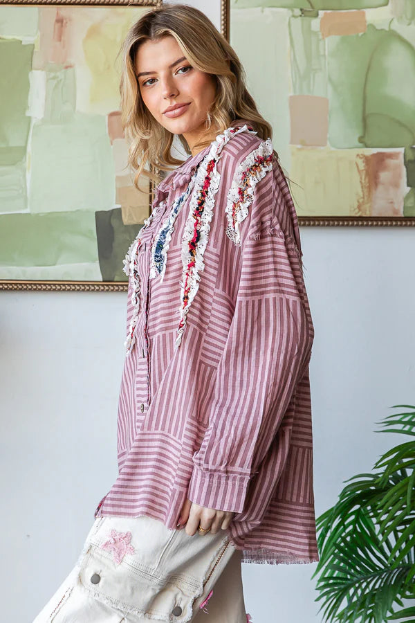 Oli & Hali Ruffle Button Up Shirt - Berry