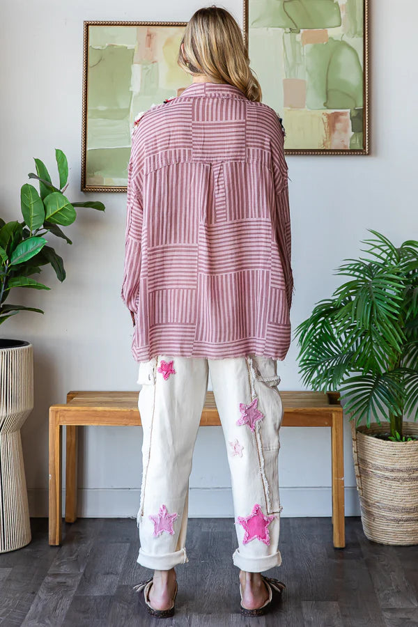 Oli & Hali Ruffle Button Up Shirt - Berry