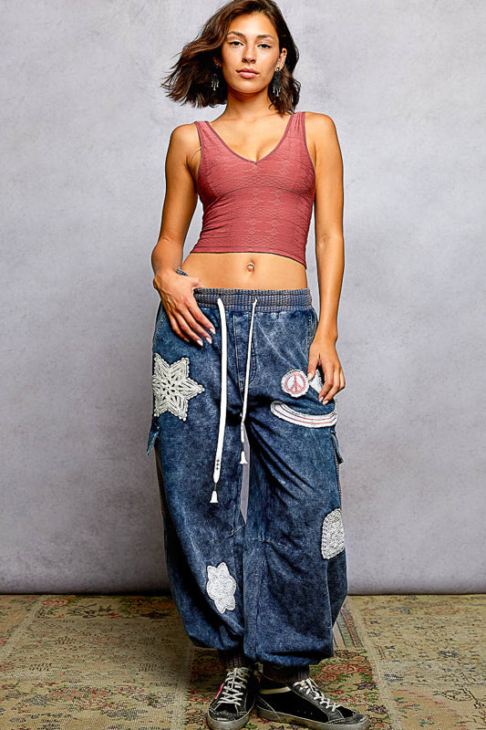 POL Crochet Patch Joggers Mineral Wash