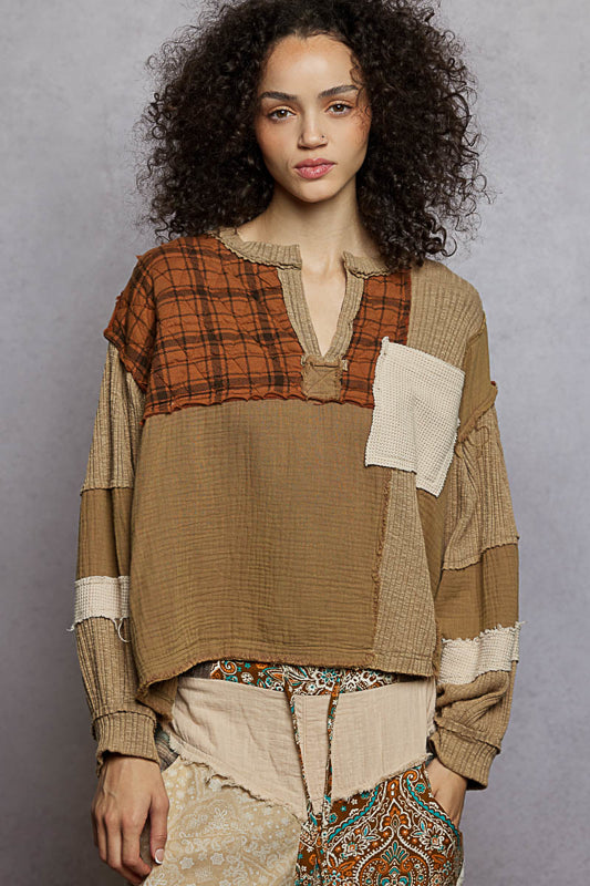 POL V-Neck Patchwork Top