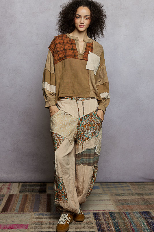 POL V-Neck Patchwork Top