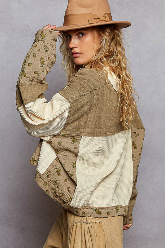 POL Quilted Floral Top - Olive