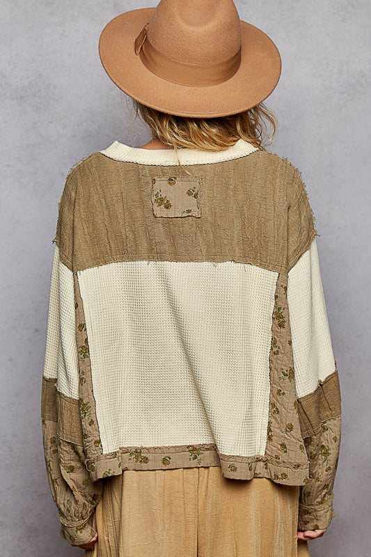 POL Quilted Floral Top - Olive