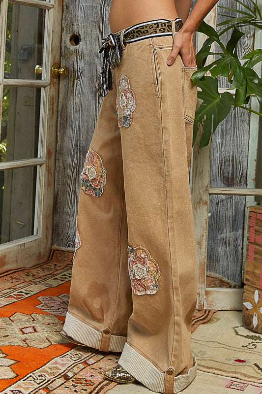 POL Floral Patchwork Pants Tan