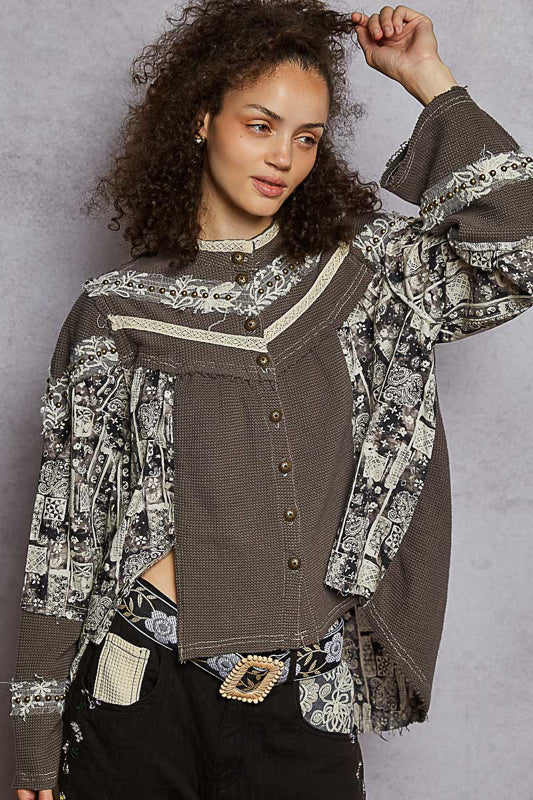 POL Embellished Thermal Top - Charcoal