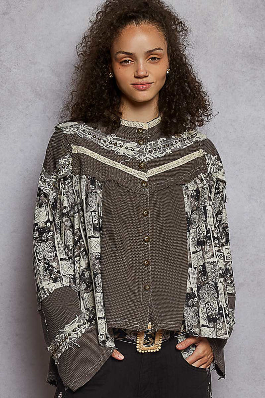 POL Embellished Thermal Top - Charcoal