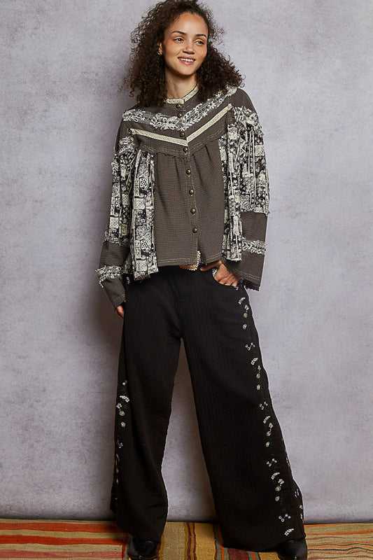 POL Embellished Thermal Top - Charcoal