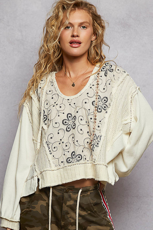 POL Embellished Hooded Embroidered Top