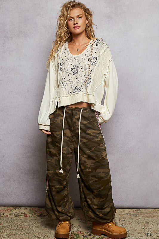 POL Embellished Hooded Embroidered Top