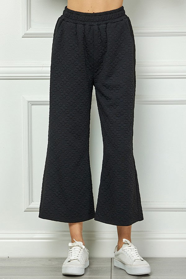 Flower Textured Wide Leg Pants -Black