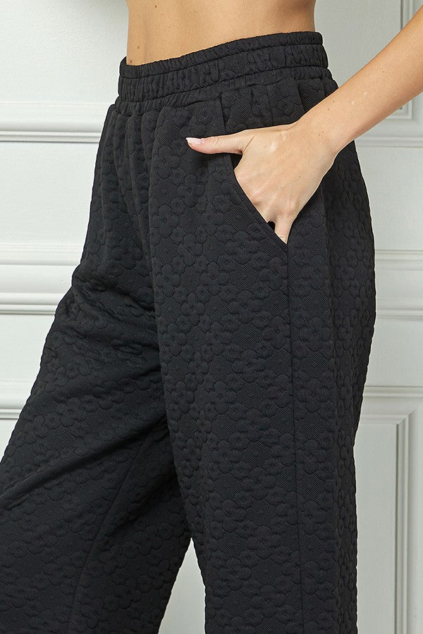 Flower Textured Wide Leg Pants -Black