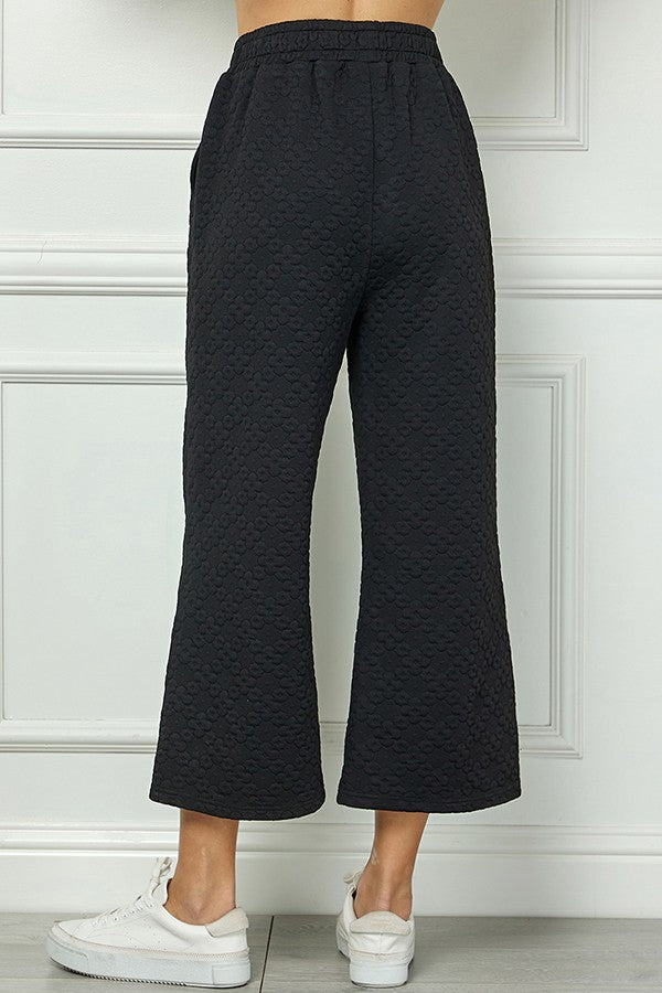 Flower Textured Wide Leg Pants -Black