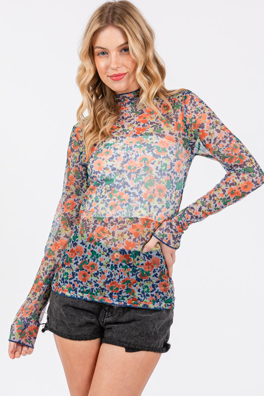 Floral Mesh Top Blue