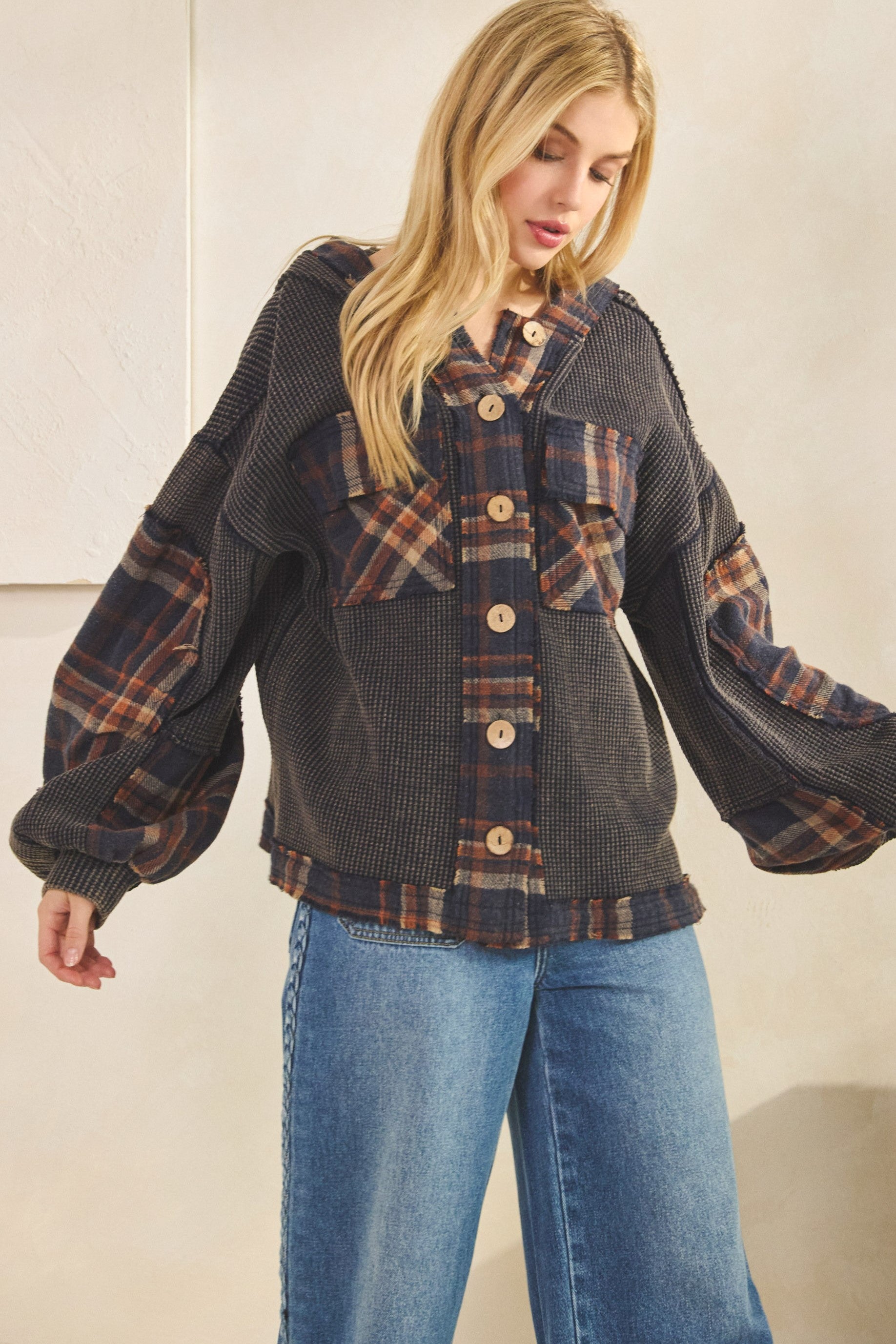Waffle Knit Plaid Shacket