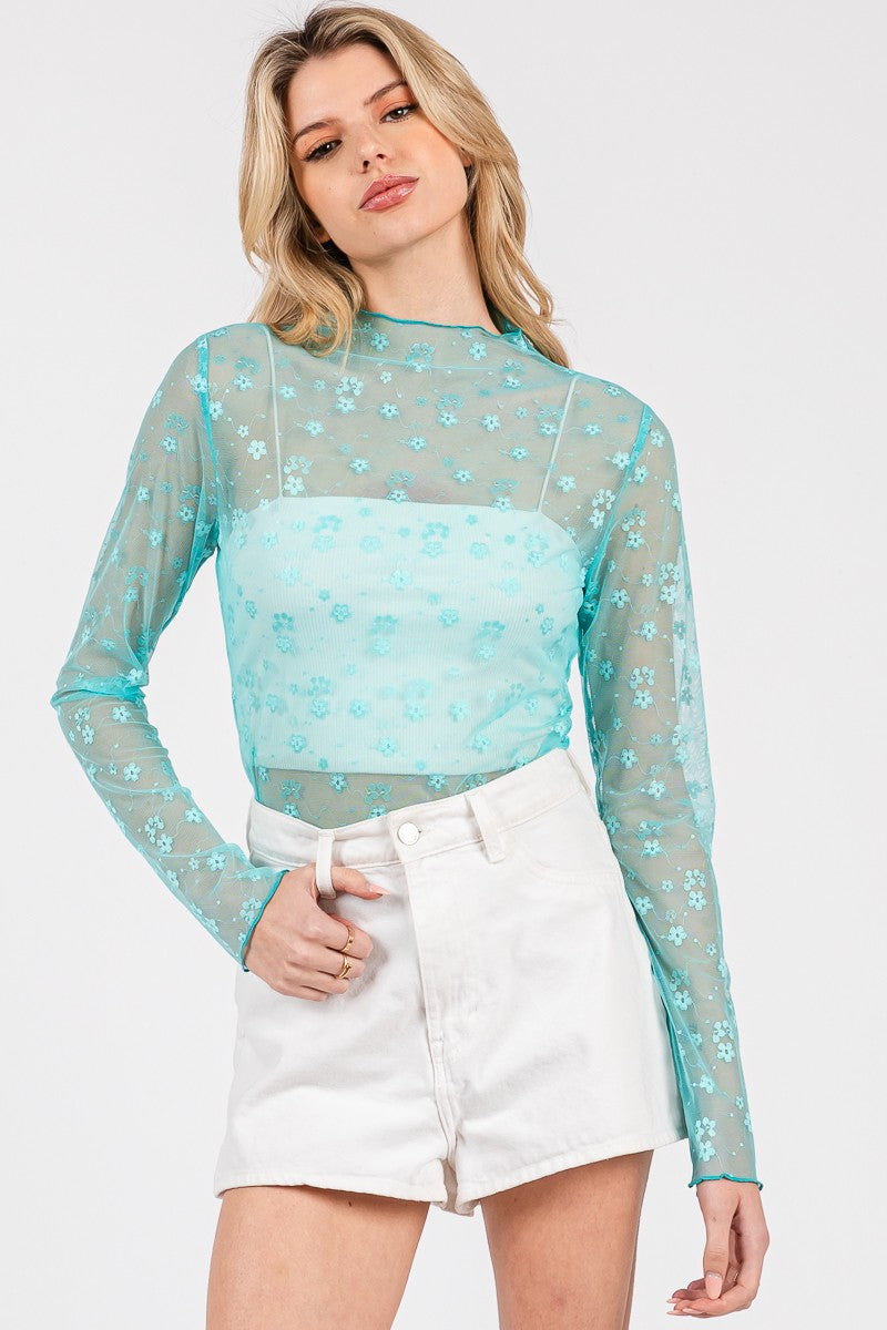 Floral Mesh Lace Top - Aqua
