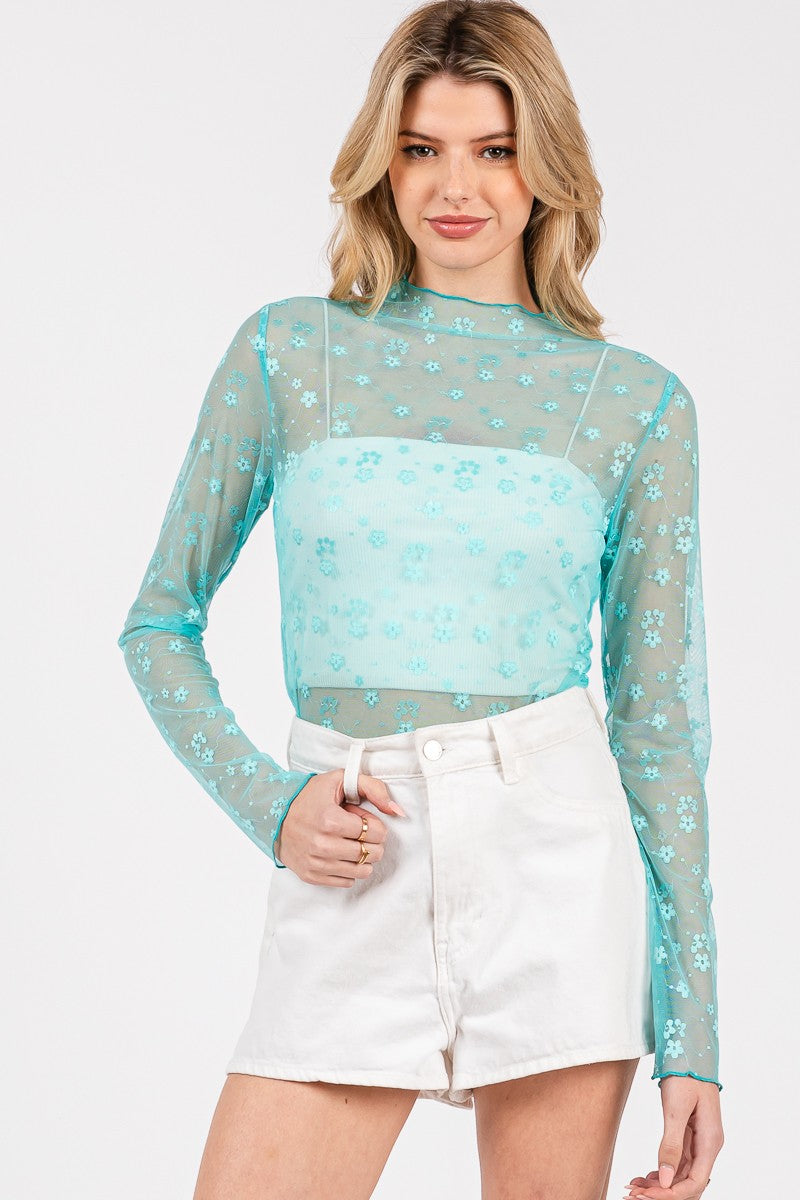 Floral Mesh Lace Top - Aqua