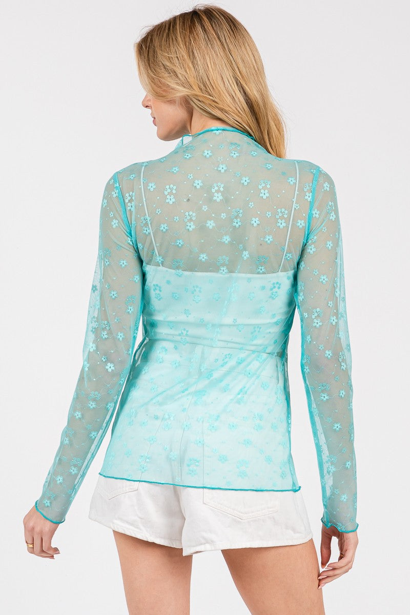 Floral Mesh Lace Top - Aqua