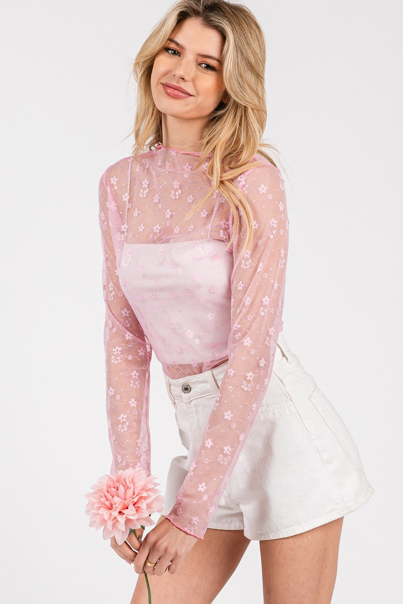 Floral Mesh Lace Top - Pink