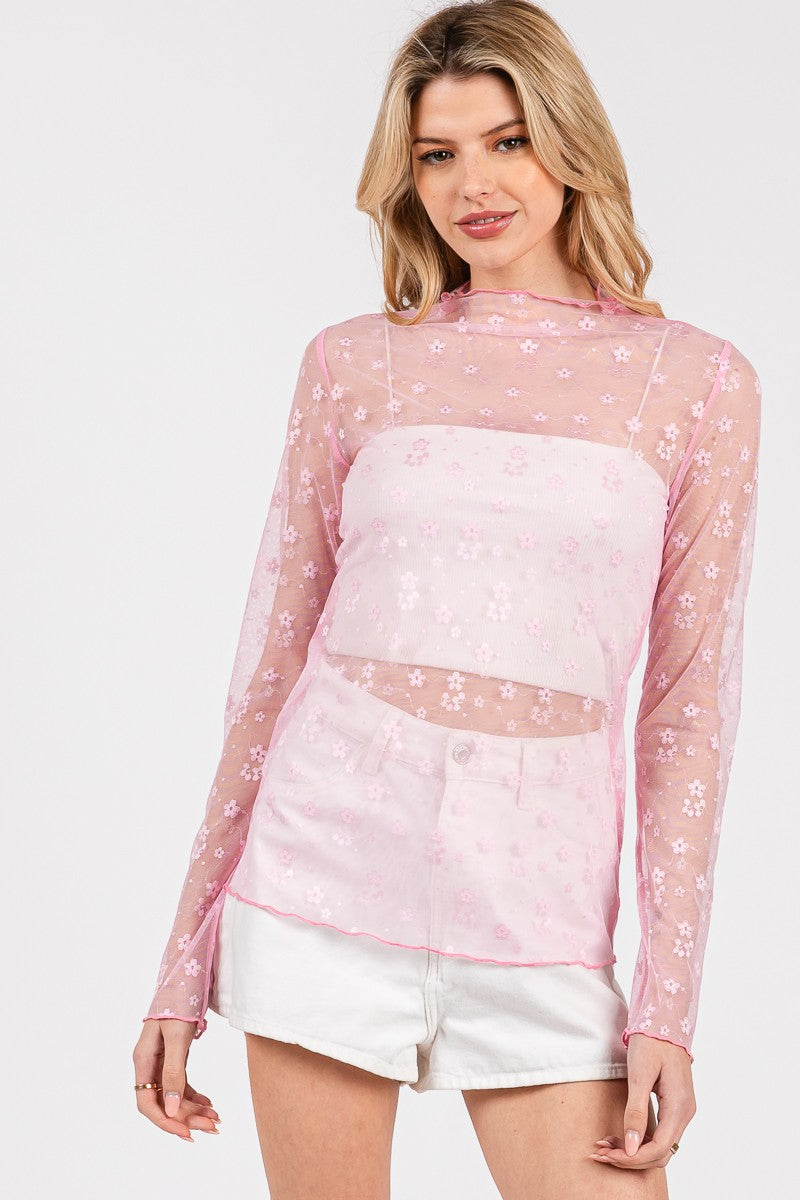 Floral Mesh Lace Top - Pink