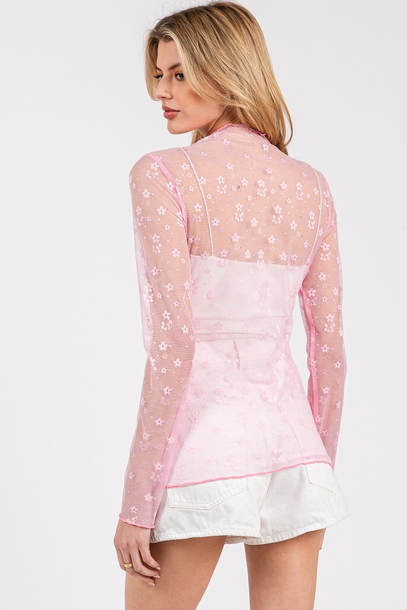 Floral Mesh Lace Top - Pink