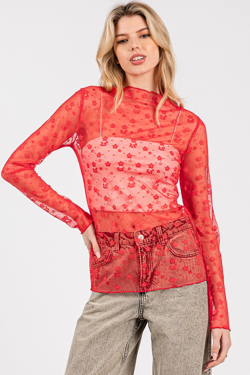 Floral Mesh Lace Top - Red