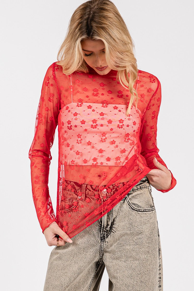 Floral Mesh Lace Top - Red