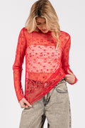 Floral Mesh Lace Top - Red